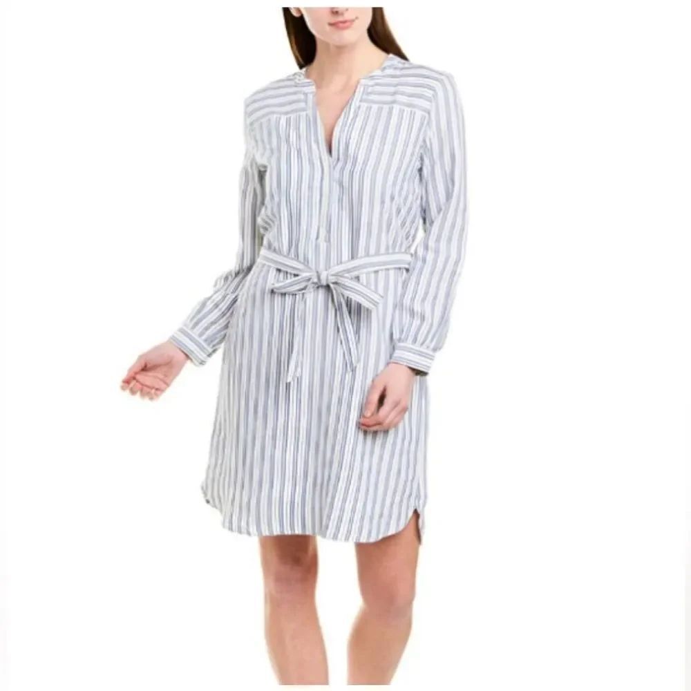 J.Crew Mercantile Blue White Stripe Textured Cotton Belted Mini Shirt Dress S